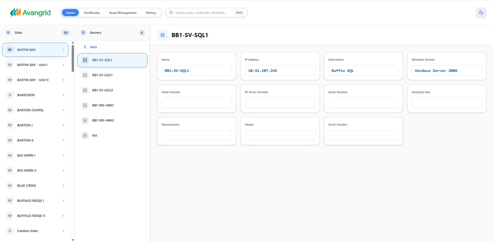 Inspector panel for a server asset