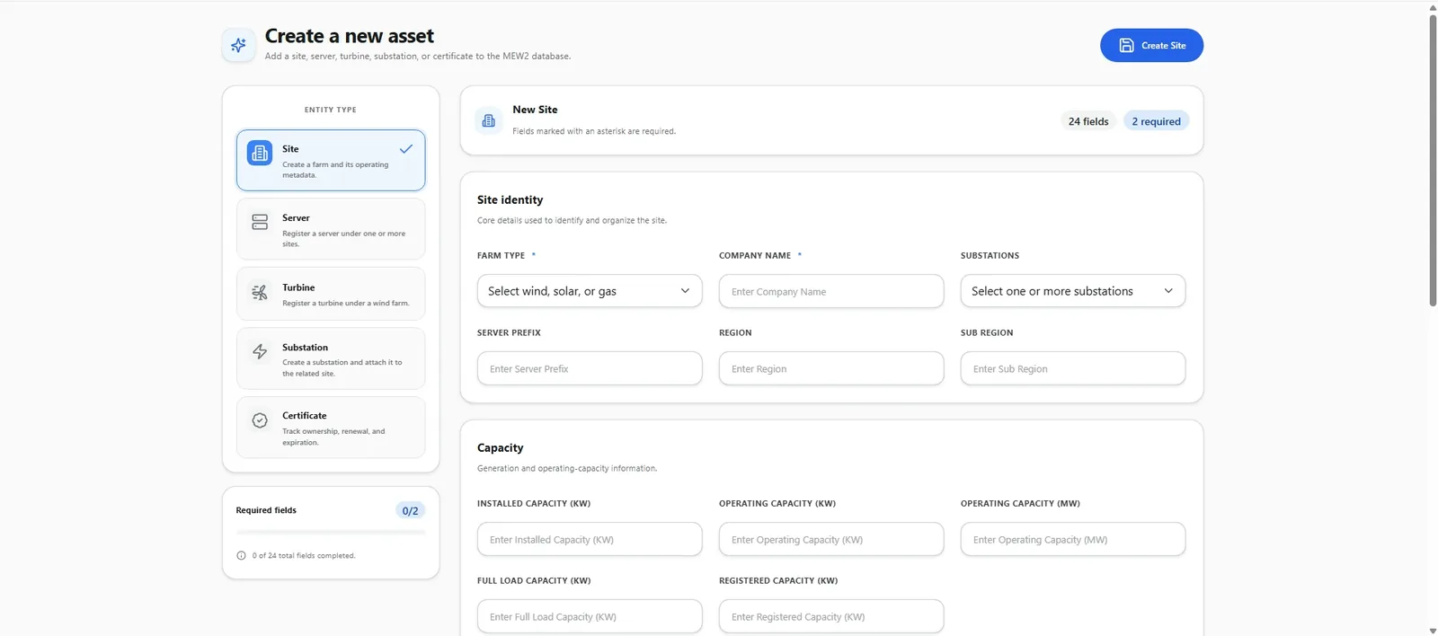 Create a new asset form with asset type options