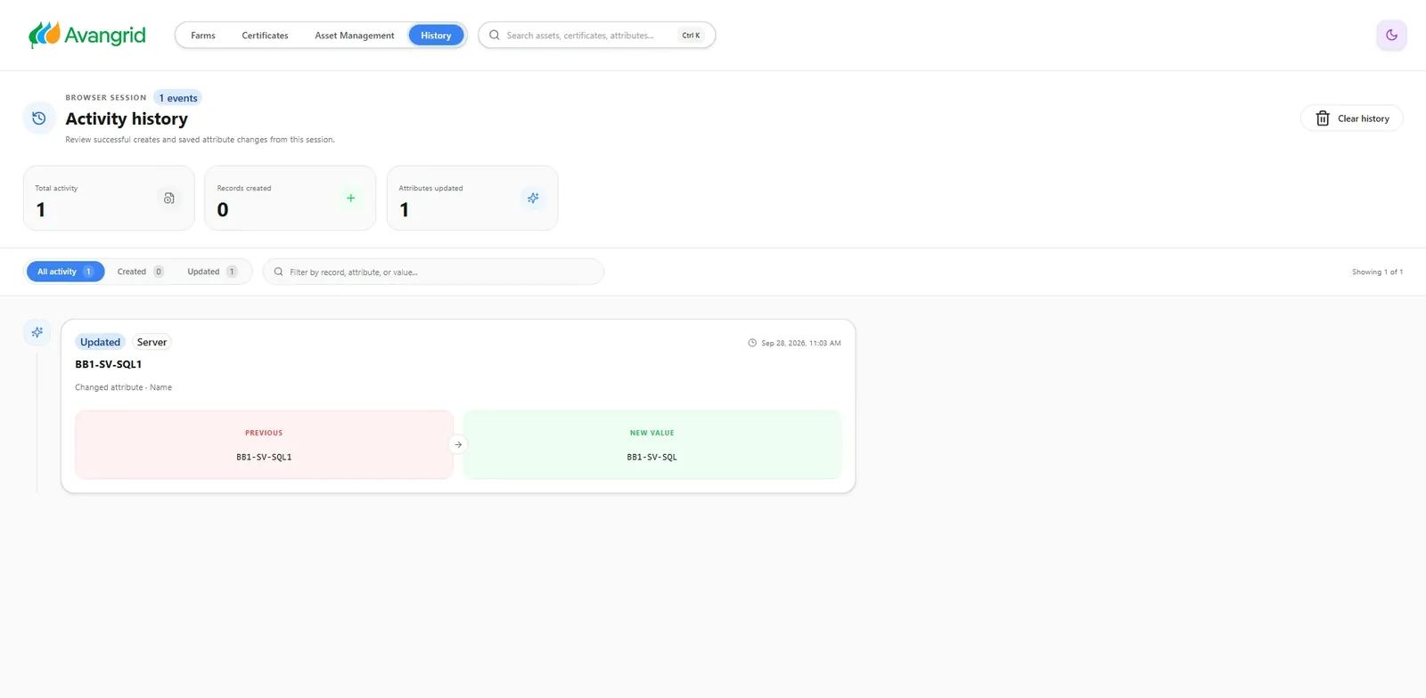 Activity history showing an updated server with old and new values