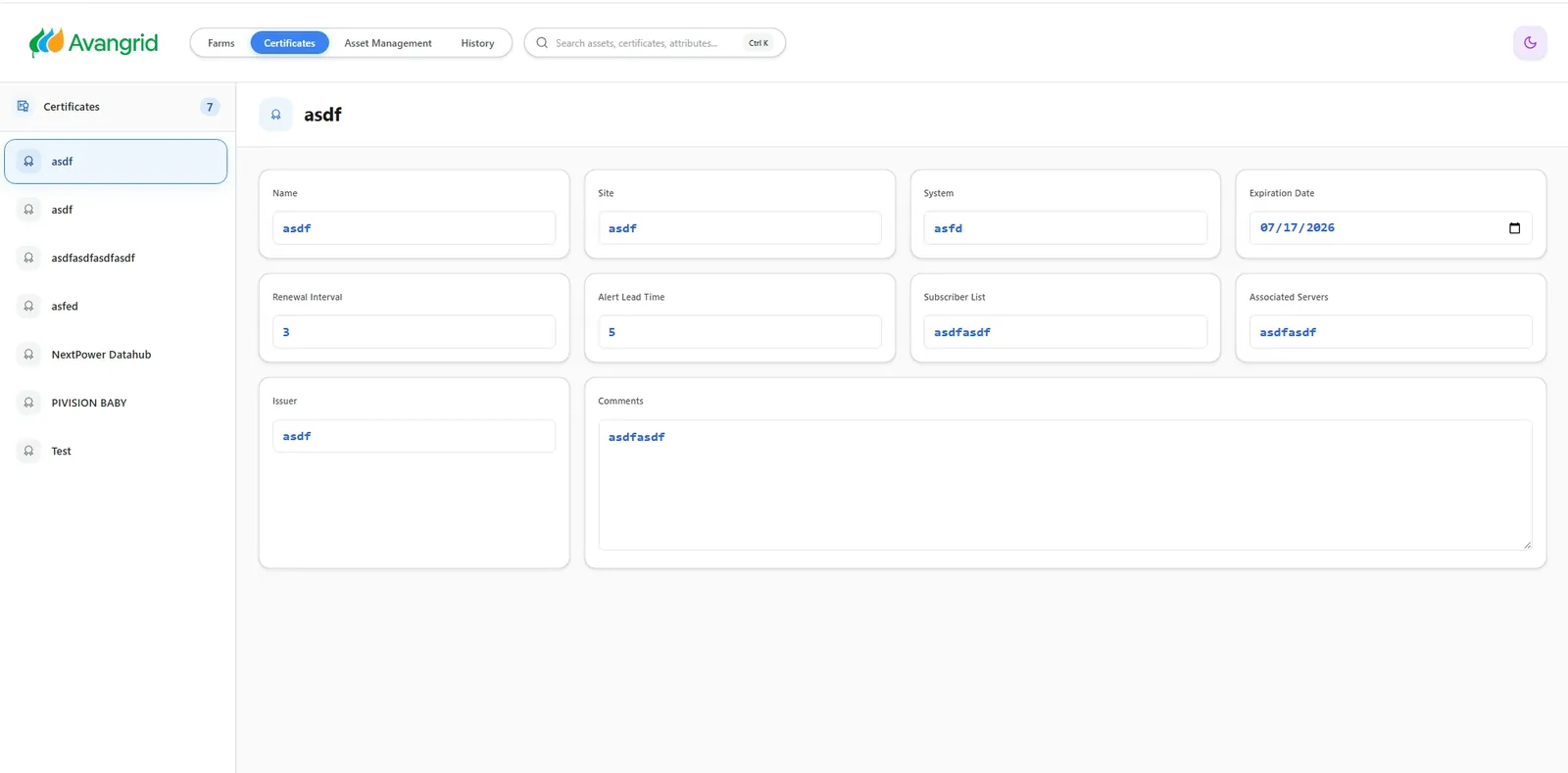 Certificates tab with certificate details