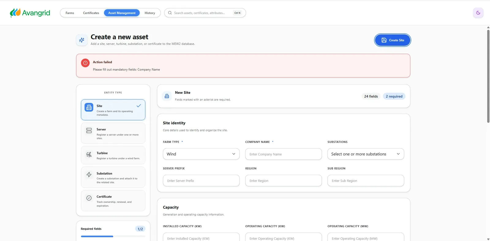 Create asset form showing a validation error