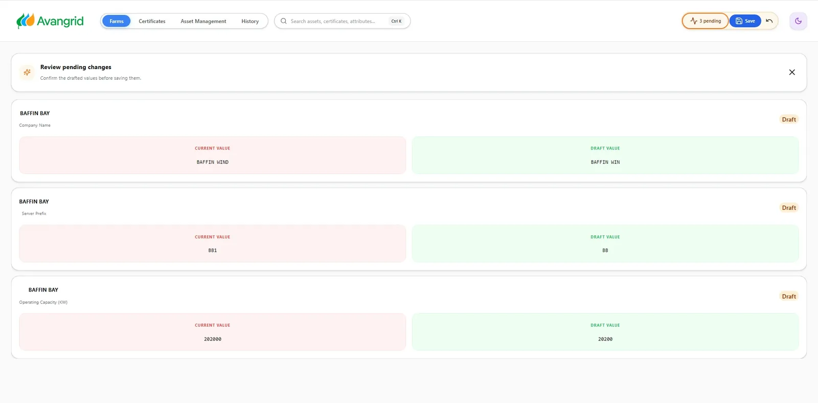 Review pending changes panel comparing old and new values