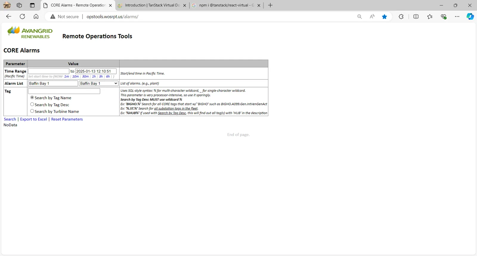 The old CORE Alarms query form
