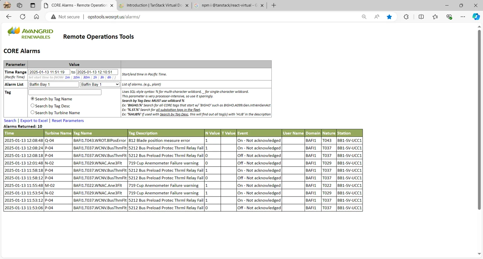 The old CORE Alarms results table