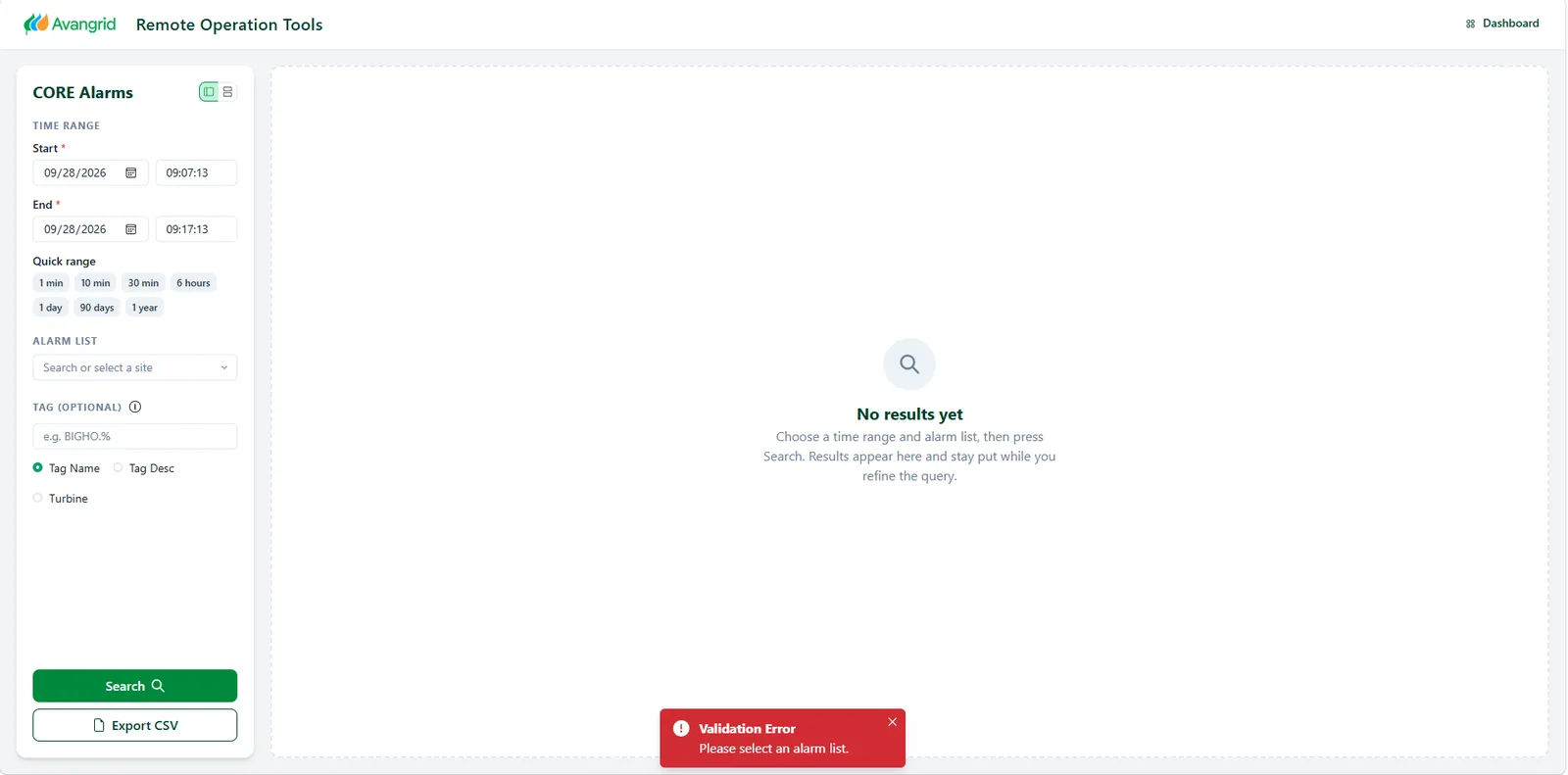 Validation error toast asking the user to select an alarm list