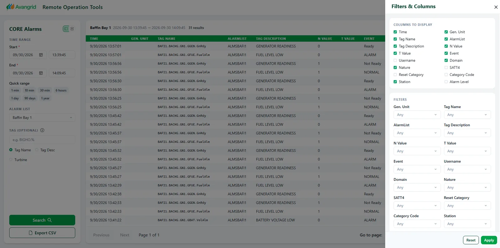Filters and columns drawer open over the results