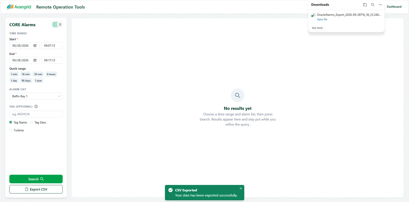 Toast confirming the CSV was exported